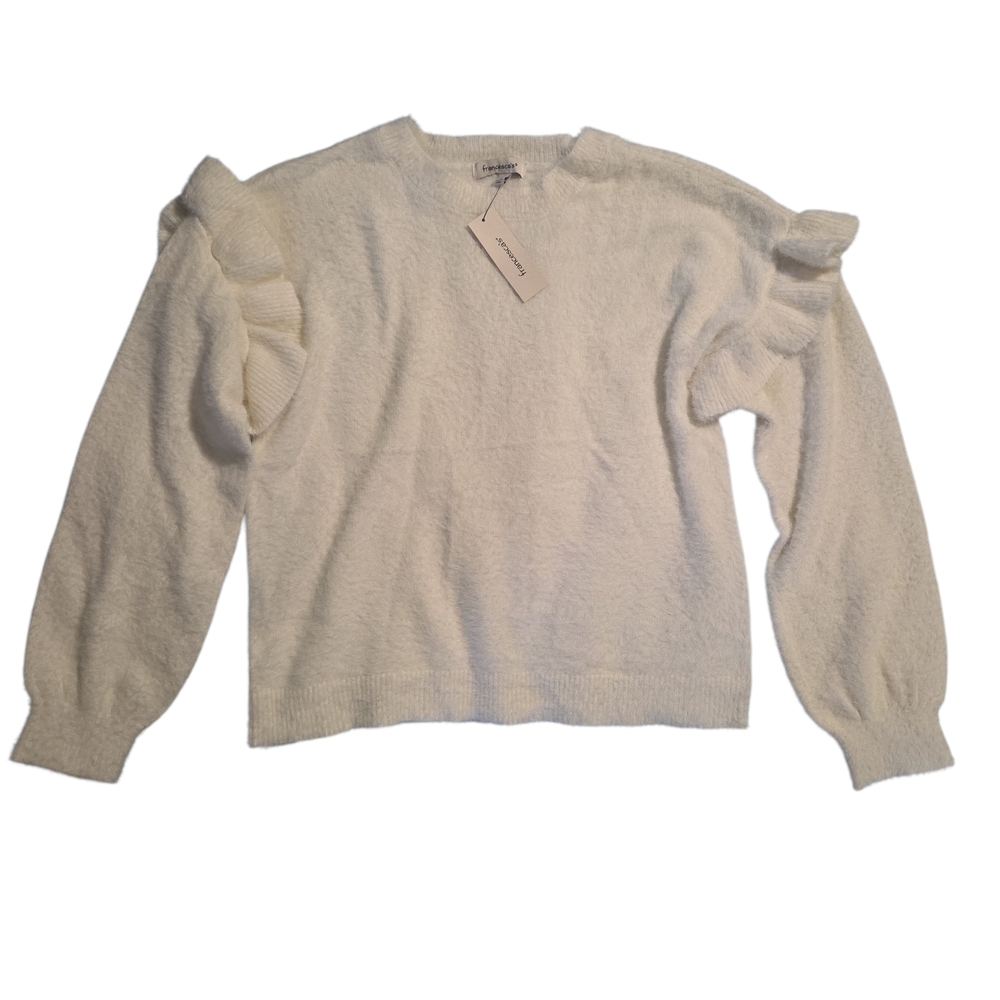 Francesca's Collections Cream Ruffle-Shoulder Crew Sweater